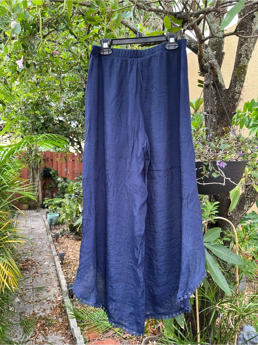 BCX Navy Wide-Leg Open Side Pants with Pom-Pom Trim, Women’s size Small - Picture 2 of 4